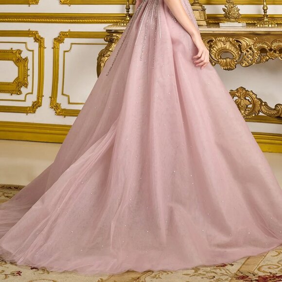 New Dusty Rose Strapless Tulle Gown w/ Beaded Boned Bodice & Leg Slit GL3668 - Picture 13 of 13